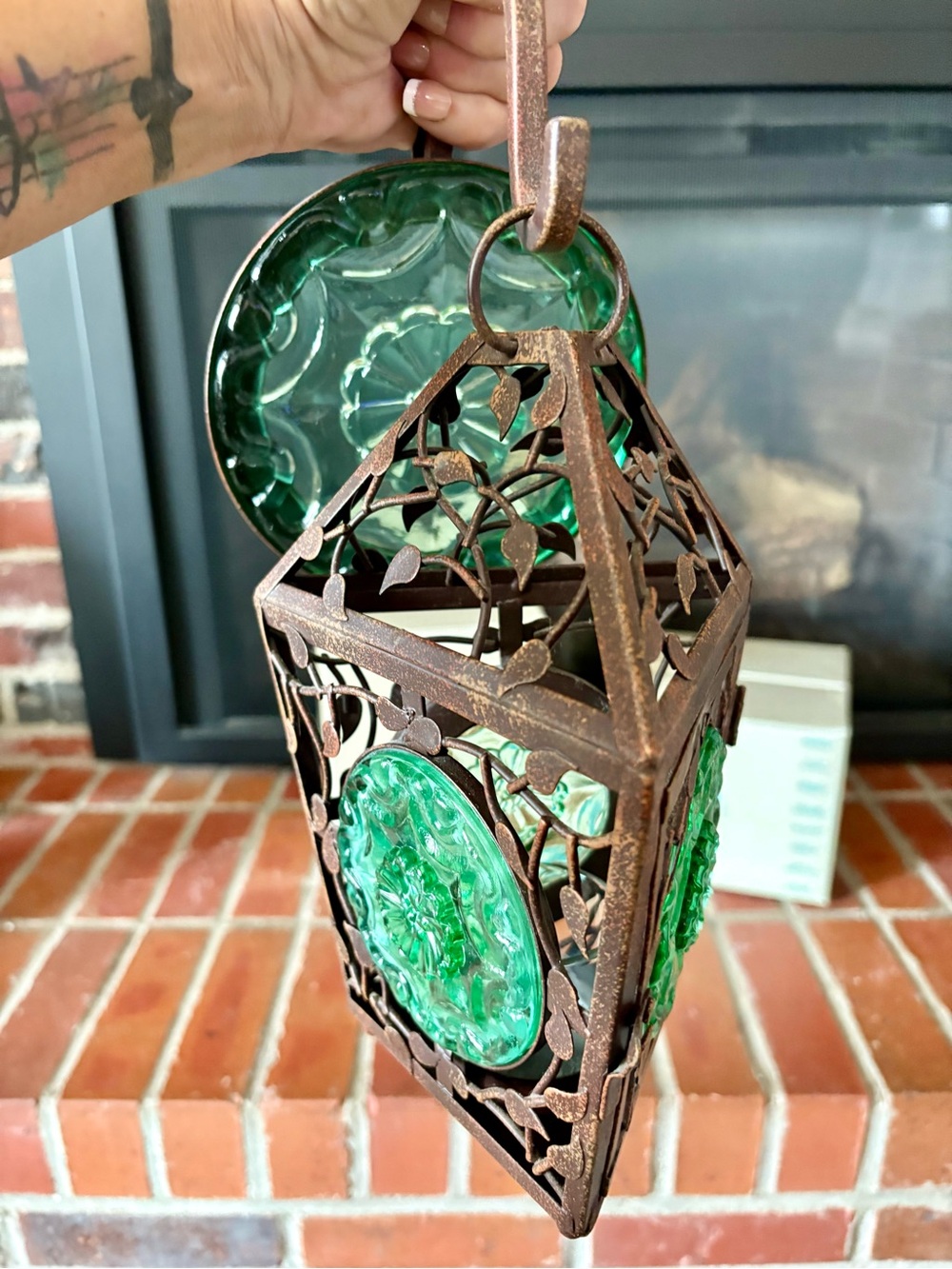 Retired PartyLite La Rosetta hanging lantern Metal & Green Glass Rustic Floral - Picture 2 of 11